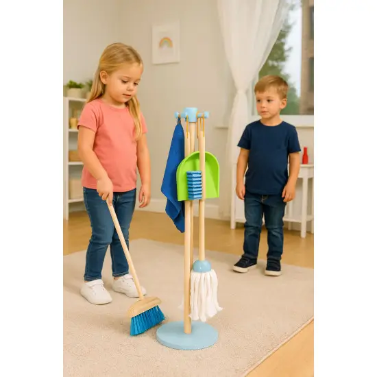 Wooden Cleaning Set for Children Mop Broom with Dustpan 7 Pieces Saimnieki ECOTOYS