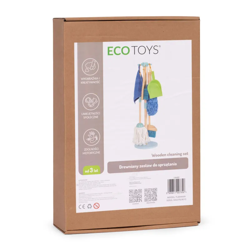 Wooden Cleaning Set for Children Mop Broom with Dustpan 7 Pieces Saimnieki ECOTOYS