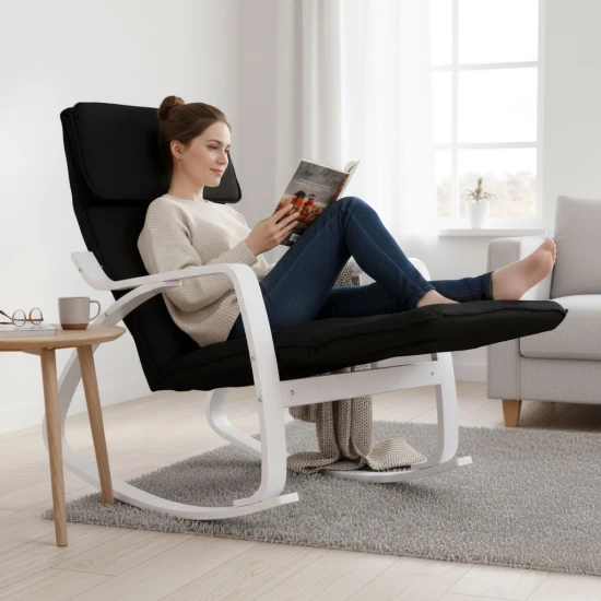 Šūpuļkrēsls melnā krāsā ar regulējamu kāju atbalstu Krēsli un krēsli ModernHome