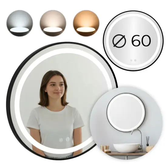 60 cm apaļš melns LED vannas istabas spogulis ar 3 gaismas krāsām ModernHome
