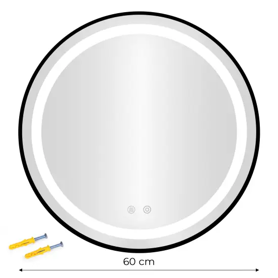 60 cm apaļš melns LED vannas istabas spogulis ar 3 gaismas krāsām ModernHome