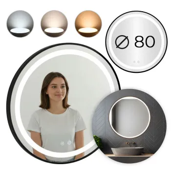 Apaļš melns LED vannas istabas spogulis 80 cm ar 3 gaismas krāsām ModernHome