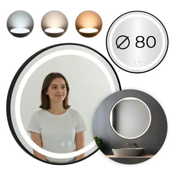 Apaļš melns LED vannas istabas spogulis 80 cm ar 3 gaismas krāsām ModernHome