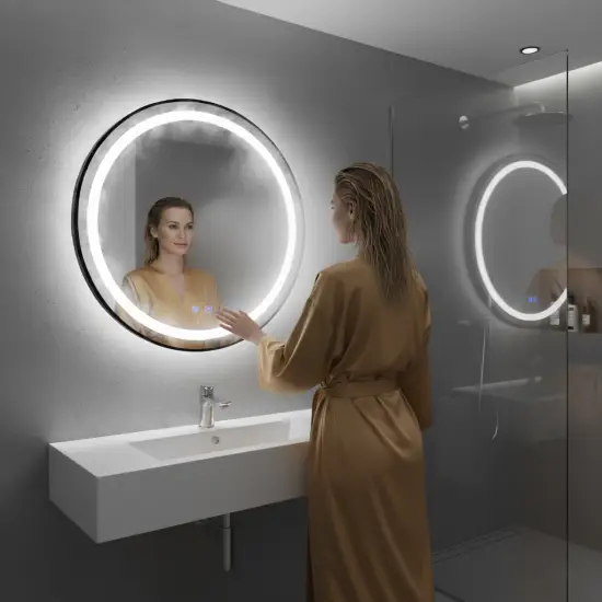 Apaļš melns LED vannas istabas spogulis 80 cm ar 3 gaismas krāsām ModernHome