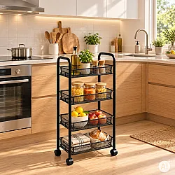 Metalinis mobilus juodas organizatorius su 4 lentynomis ModernHome