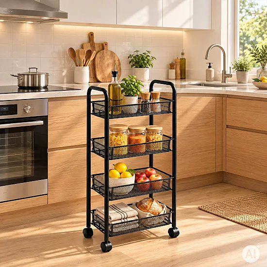 Metalinis mobilus juodas organizatorius su 4 lentynomis ModernHome