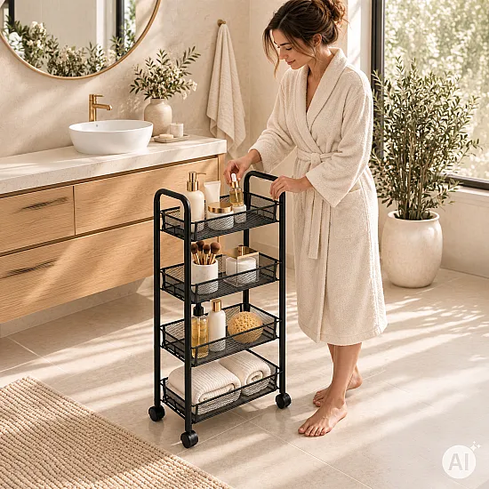 Metalinis mobilus juodas organizatorius su 4 lentynomis ModernHome