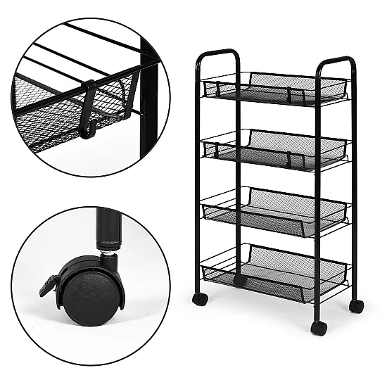 Metalinis mobilus juodas organizatorius su 4 lentynomis ModernHome