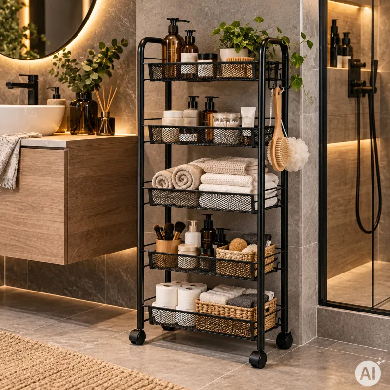 Melna metāla ratiņi ar 5 plauktiem „ModernHome“