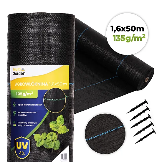 Melns nezāļu apkarošanas agrotīkls 135 g/m² 1,6×50 m MultiGarden