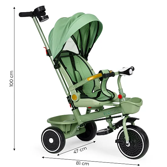 „2-in-1“ triratīks, pagriežams sēdeklis, salokāms jumtiņš, zaļš