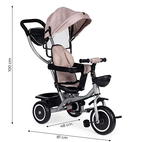 „2-in-1“ trīsriteņu ratiņi, pagriežams sēdeklis, salokāms jumtiņš, smilškrāsā