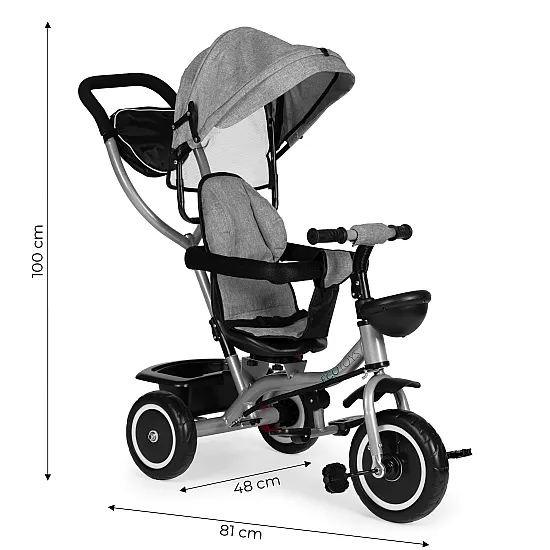 „2-in-1“ trīsriteņu ratiņi, pagriežams sēdeklis, salokāms jumtiņš, pelēkā krāsā