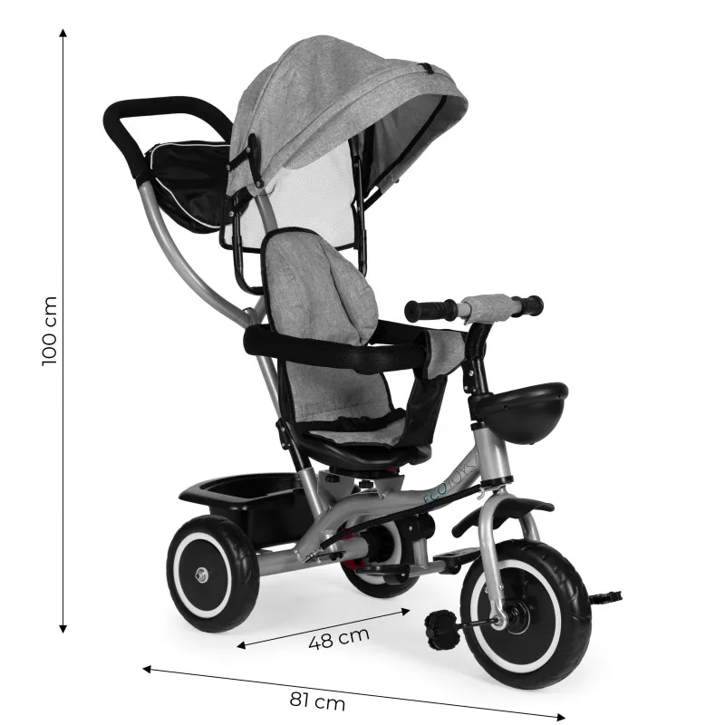 „2-in-1“ trīsriteņu ratiņi, pagriežams sēdeklis, salokāms jumtiņš, pelēkā krāsā