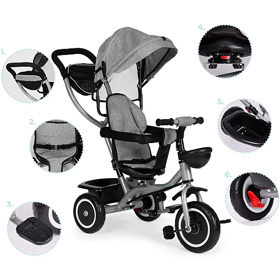 „2-in-1“ trīsriteņu ratiņi, pagriežams sēdeklis, salokāms jumtiņš, pelēkā krāsā