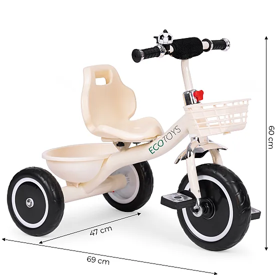 Trīsriteņu velosipēds ar neslīdošiem rokturiem, zvaniņu, grozu, smilškrāsā