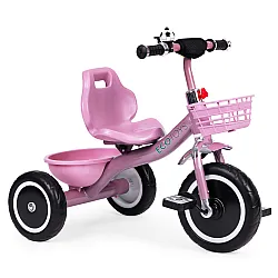 Trīsriteņu velosipēds ar neslīdošām rokturiem, zvaniņu, grozu, rozā krāsā,