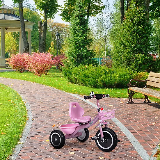 Trīsriteņu velosipēds ar neslīdošām rokturiem, zvaniņu, grozu, rozā krāsā