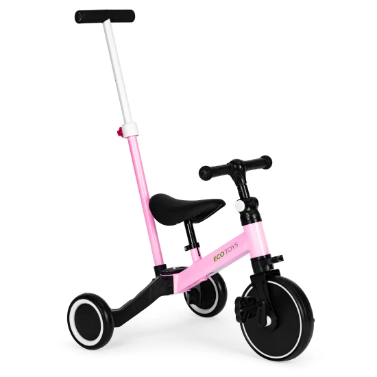 Rozā trīsriteņu līdzsvara velosipēds ar stumšanas rokturi 2in1 Velosipēdi ECOTOYS