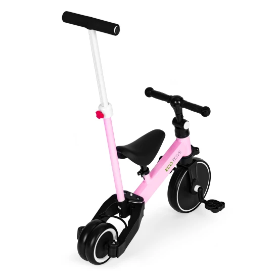 Rozā trīsriteņu līdzsvara velosipēds ar stumšanas rokturi 2in1 Velosipēdi ECOTOYS