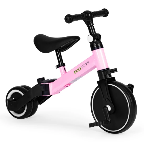 Rozā trīsriteņu līdzsvara velosipēds ar stumšanas rokturi 2in1 Velosipēdi ECOTOYS