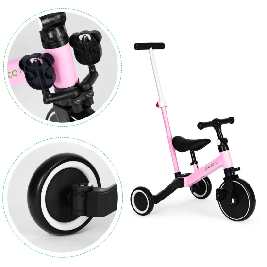 Rozā trīsriteņu līdzsvara velosipēds ar stumšanas rokturi 2in1 Velosipēdi ECOTOYS