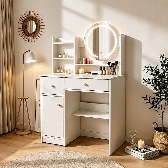 Kosmētikas galdiņš ar apaļu spoguli un LED apgaismojumu „ModernHome“