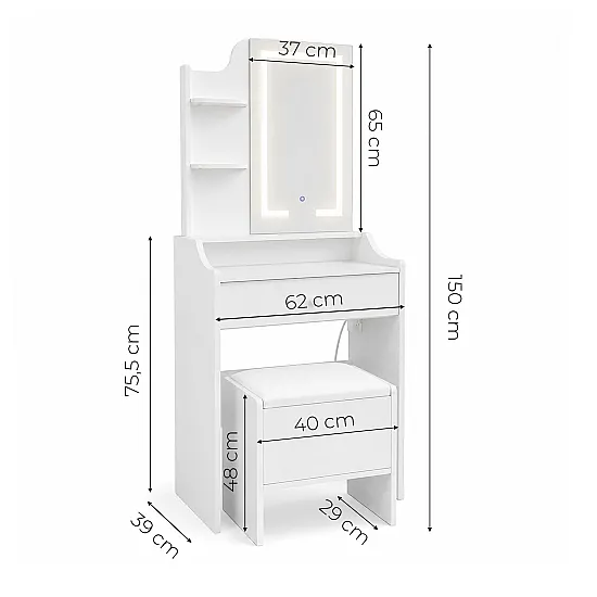 Kosmētikas galdiņš ar spoguli un 3 krāsu LED apgaismojumu, plauktiem, atvilktni un tabureti „ModernHome“