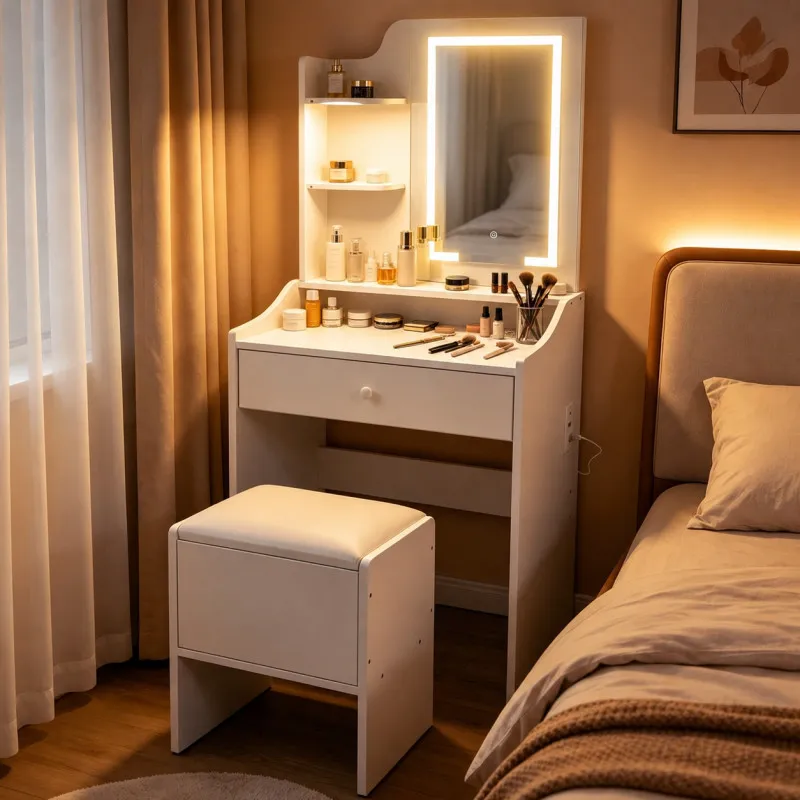 Kosmētikas galdiņš ar spoguli un 3 krāsu LED apgaismojumu, plauktiem, atvilktni un tabureti „ModernHome“
