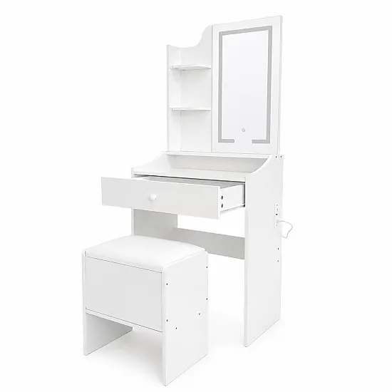 Kosmētikas galdiņš ar spoguli un 3 krāsu LED apgaismojumu, plauktiem, atvilktni un tabureti „ModernHome“