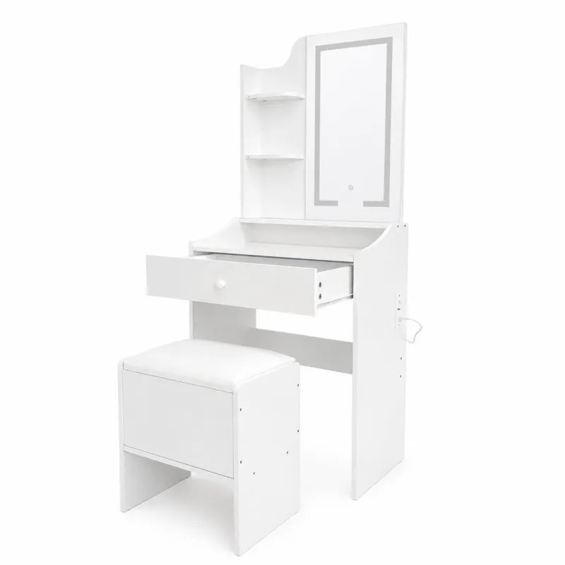 Kosmētikas galdiņš ar spoguli un 3 krāsu LED apgaismojumu, plauktiem, atvilktni un tabureti „ModernHome“