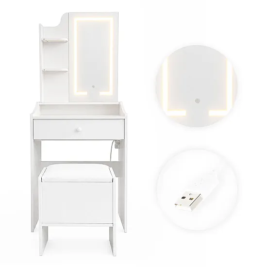 Kosmētikas galdiņš ar spoguli un 3 krāsu LED apgaismojumu, plauktiem, atvilktni un tabureti „ModernHome“
