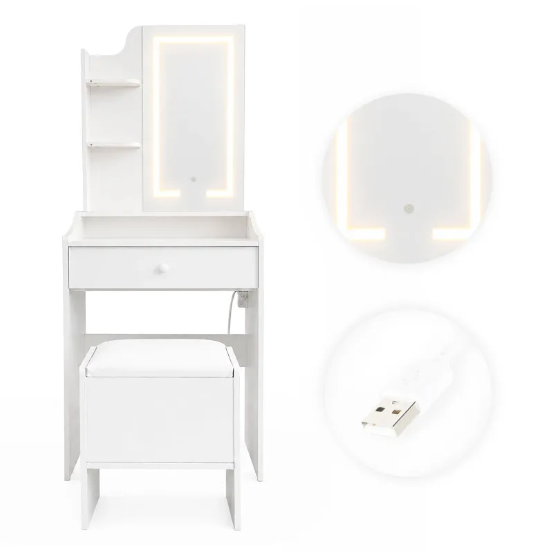 Kosmētikas galdiņš ar spoguli un 3 krāsu LED apgaismojumu, plauktiem, atvilktni un tabureti „ModernHome“