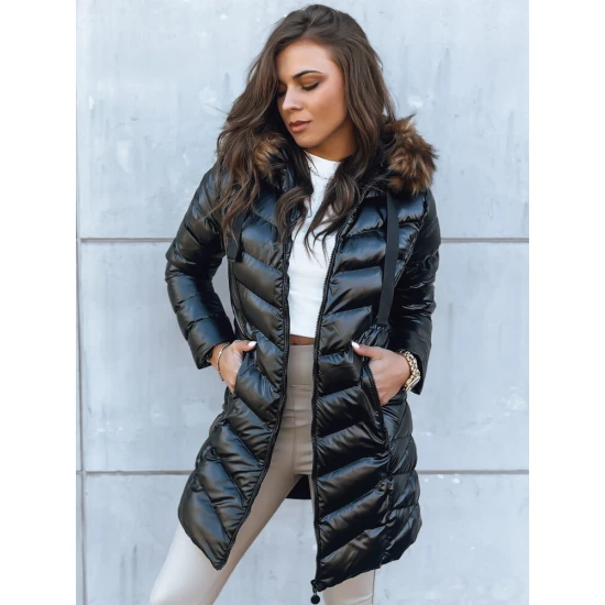 Sieviešu stepēta melna jaka ar brūnu kažokādu Crystal Sieviešu jakas