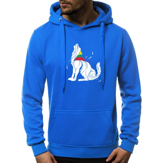 Mėlynos spalvos vyriškas džemperis su gobtuvu 