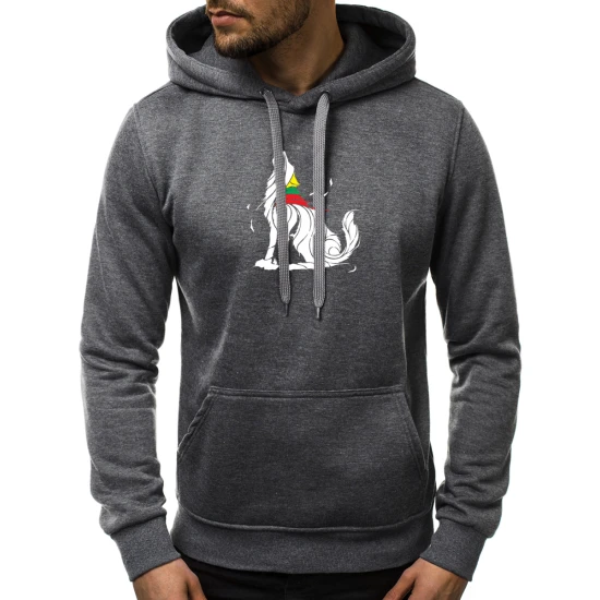 Vīriešu tumši pelēks džemperis ar kapuci Wolf Vīriešu džemperi ar apdruku