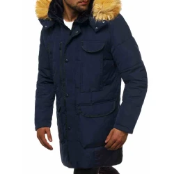 Vīriešu tumši zila ziemas jaka ar kažokādas kapuci Remal
