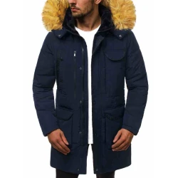 Vīriešu tumši zila ziemas jaka ar kažokādas kapuci Remal