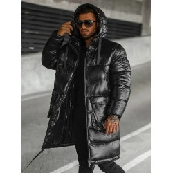 Vīriešu melna spīdīga jaka ar kapuci Monakko