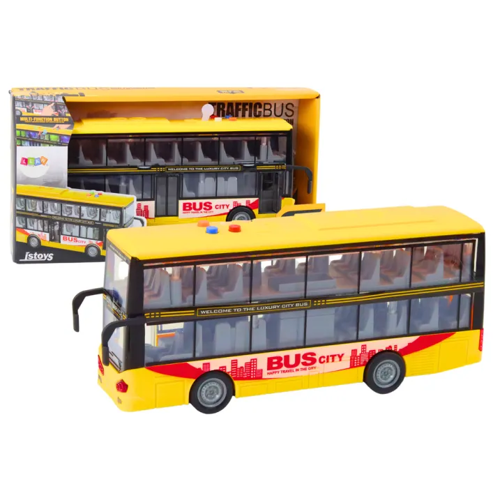 Dzeltens divstāvu autobuss ar skaņas un gaismas efektiem Autobusi