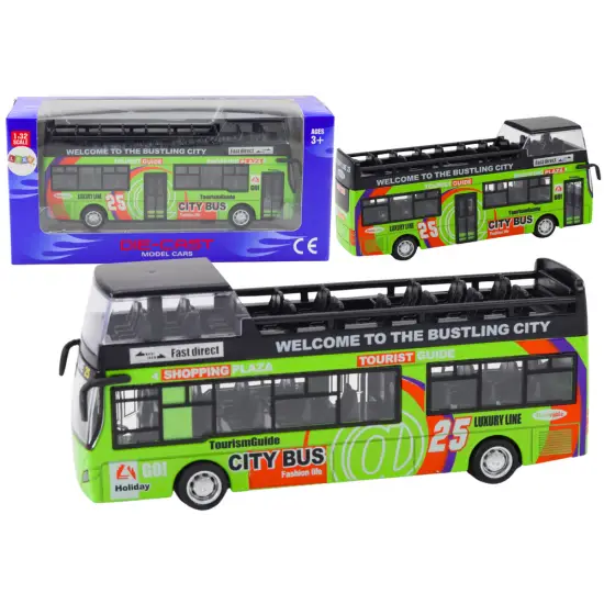 Zaļš divstāvu autobuss ar atvērtām durvīm Autobusi