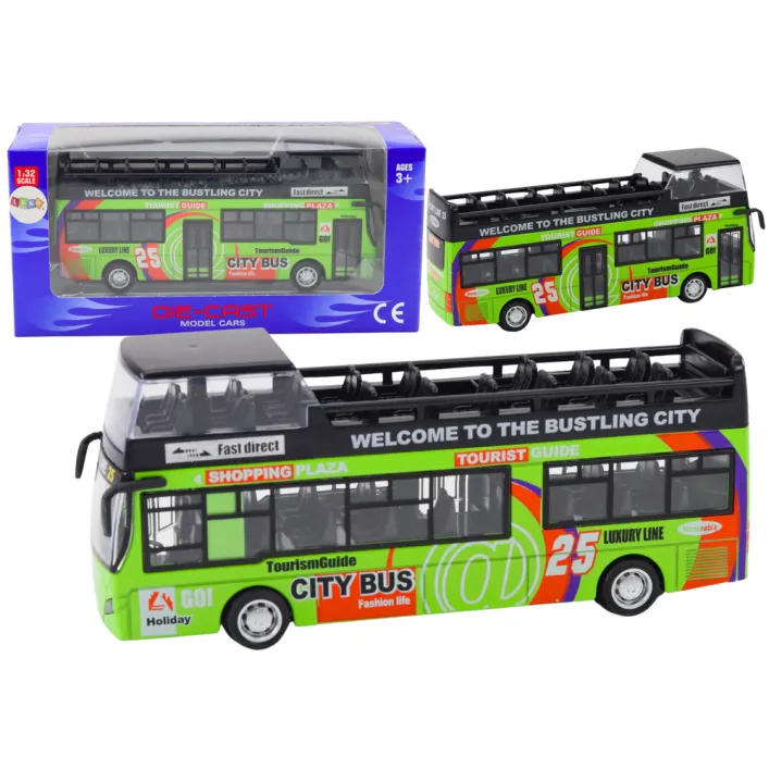 Zaļš divstāvu autobuss ar atvērtām durvīm Autobusi