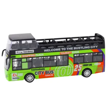 Zaļš divstāvu autobuss ar atvērtām durvīm