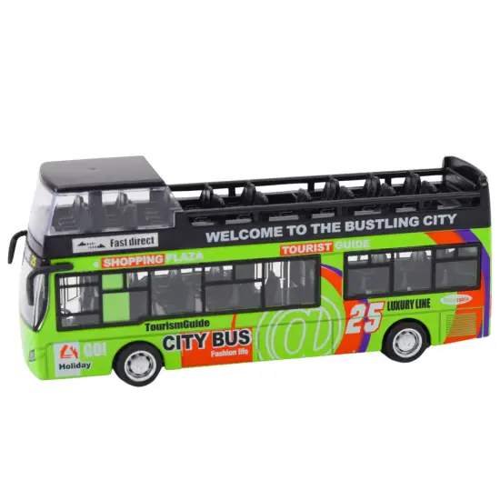 Zaļš divstāvu autobuss ar atvērtām durvīm Autobusi