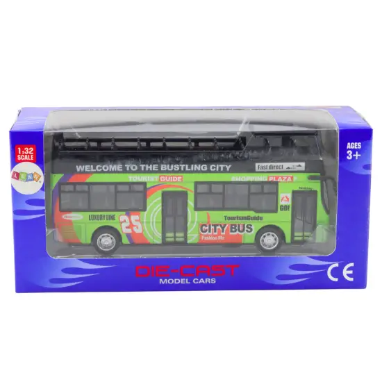 Zaļš divstāvu autobuss ar atvērtām durvīm Autobusi
