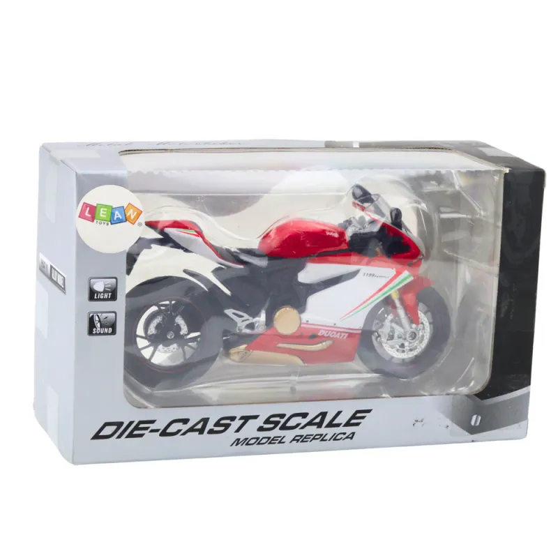 Sports Motorcycle Metal Red White Lights Sounds 1:12