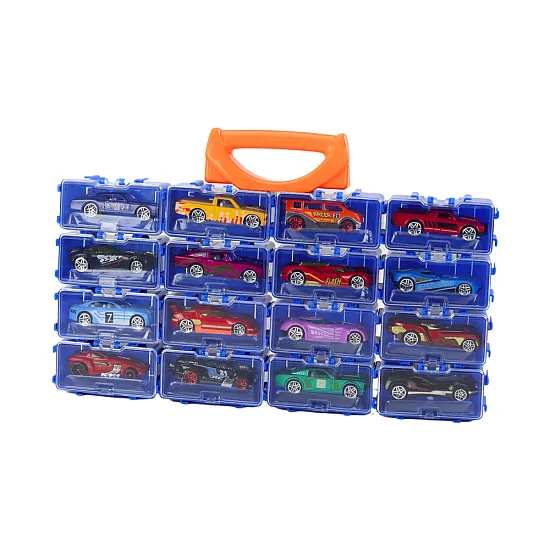 A set of cars with springs in a metal suitcase, 16 pieces Rotaļlietu automašīnas