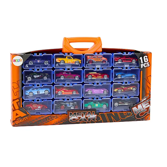 A set of cars with springs in a metal suitcase, 16 pieces Rotaļlietu automašīnas