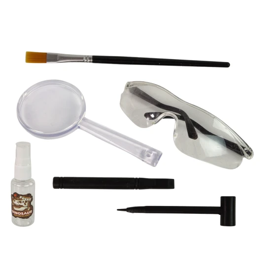 Arheoloģijas objekts ar dinozaura skeletu un arheologa rīkiem Dinozauri