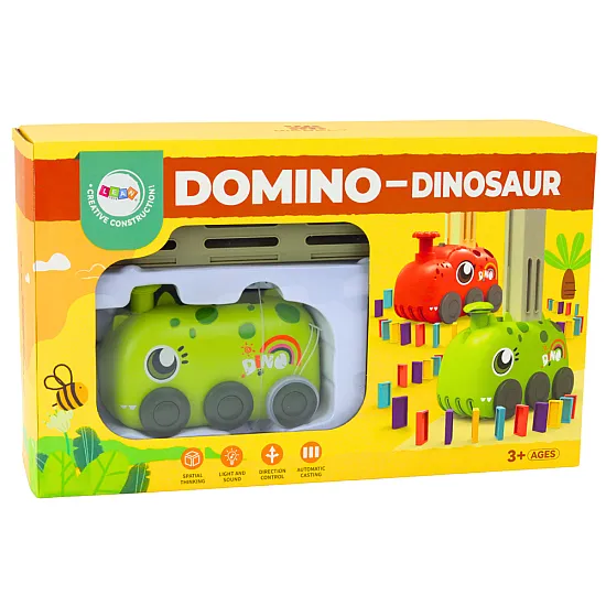 Ar akumulatoru darbināma zaļa dinozauru mašīna, kas izkārto krāsainas domino figūriņas ar 4 krāsu blokiem. Saimnieki